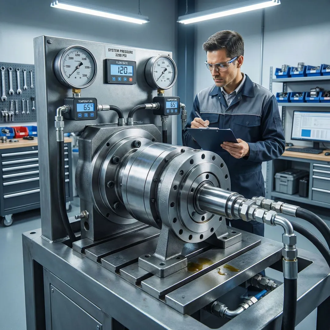Hydraulic pump undergoing pressure testing on a workshop test bench