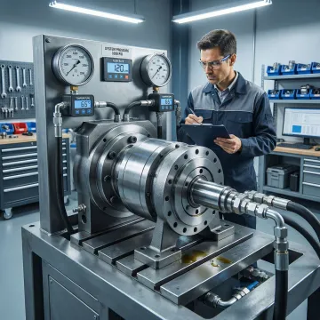 Hydraulic pump undergoing pressure testing on a workshop test bench