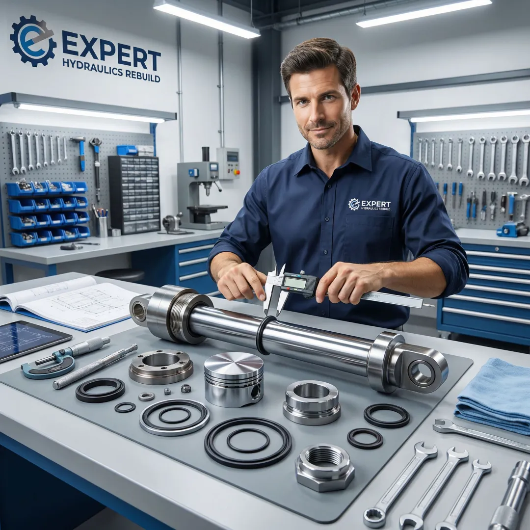 Hydraulic cylinder components laid out for inspection and rebuild process