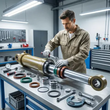 Industrial hydraulic cylinder being repaired by a technician in a workshop