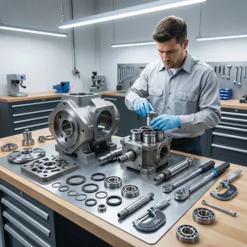 Technician rebuilding a hydrostatic pump in a professional repair facility