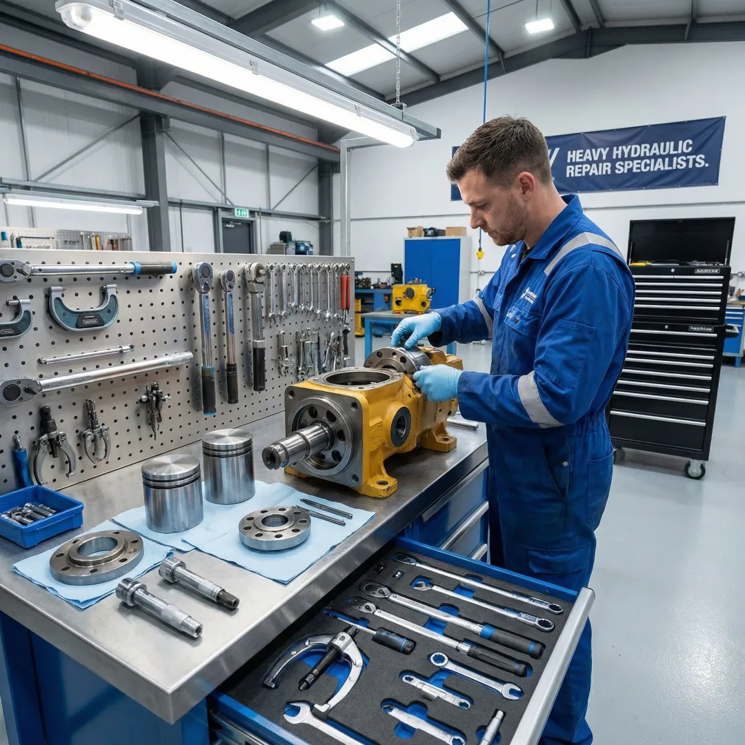 Technician rebuilding a hydraulic pump for heavy construction equipment in a professional workshop