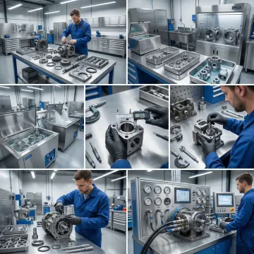 Step-by-step hydraulic pump rebuild process in an industrial service facility