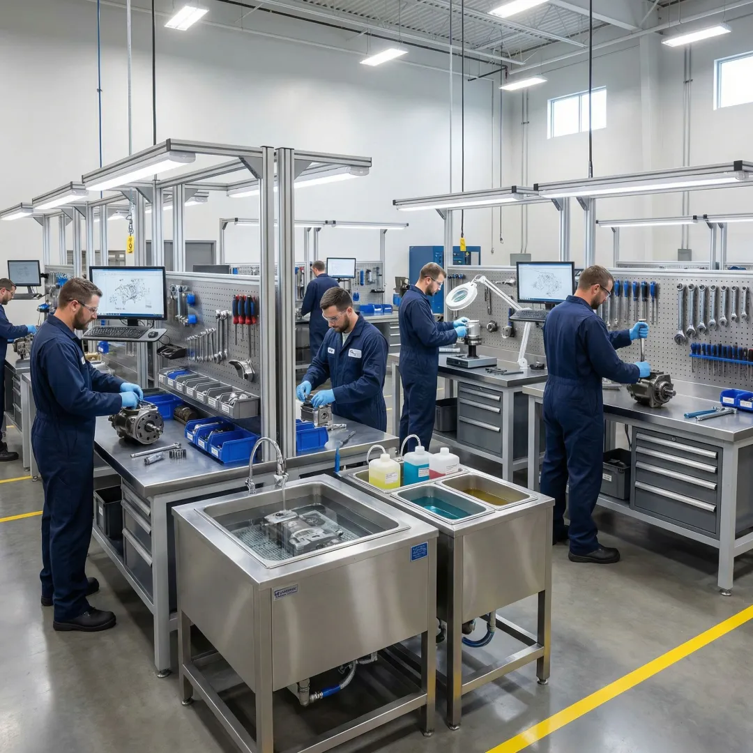 Step-by-step hydraulic motor rebuild process in a professional workshop