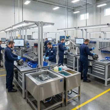 Step-by-step hydraulic motor rebuild process in a professional workshop