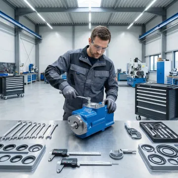 Technician rebuilding a hydraulic pump in a professional repair facility