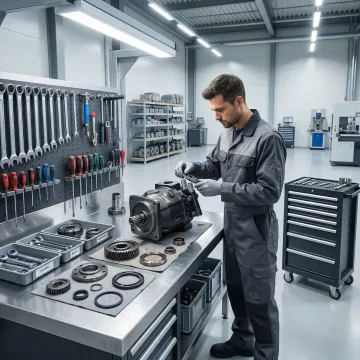 Technician repairing an industrial hydraulic pump in a workshop