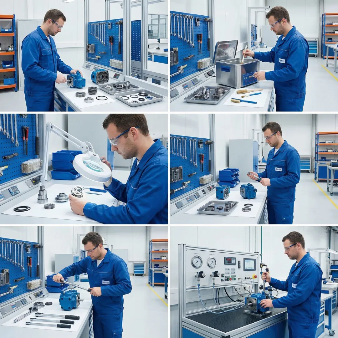 Step-by-step hydrostatic pump rebuild process in a professional workshop