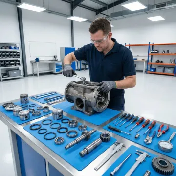 Industrial pump repair technician rebuilding a hydrostatic pump unit in a professional workshop