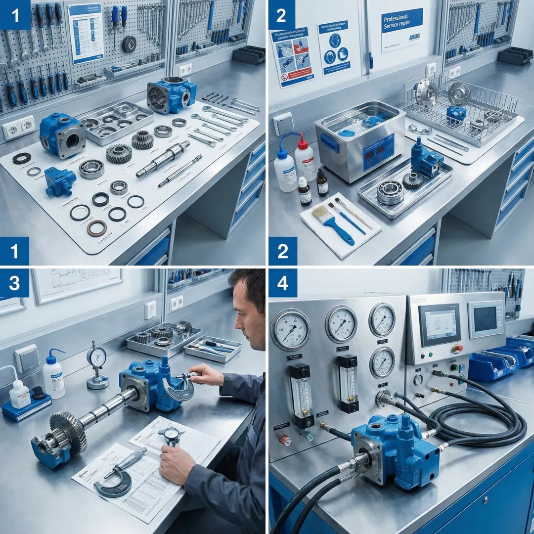 Step-by-step hydrostatic pump rebuild process in an industrial repair facility