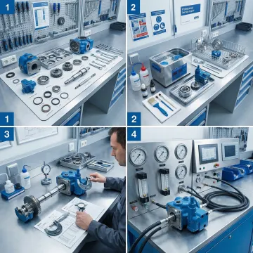 Step-by-step hydrostatic pump rebuild process in an industrial repair facility