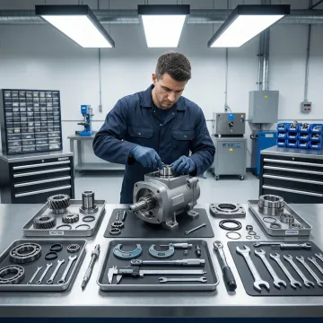 Technician repairing a hydrostatic pump in a professional workshop