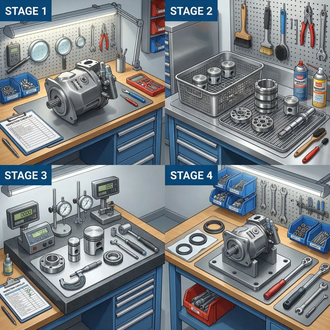 Step-by-step hydraulic pump rebuild process in an industrial workshop