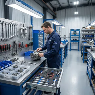 Technician rebuilding a hydraulic pump in a professional repair facility