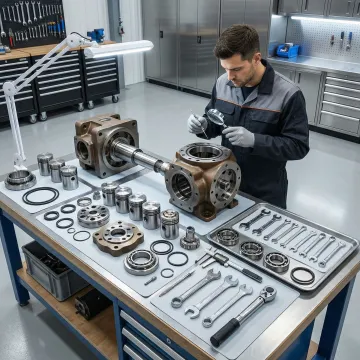 Technician rebuilding a hydrostatic pump in a professional repair facility