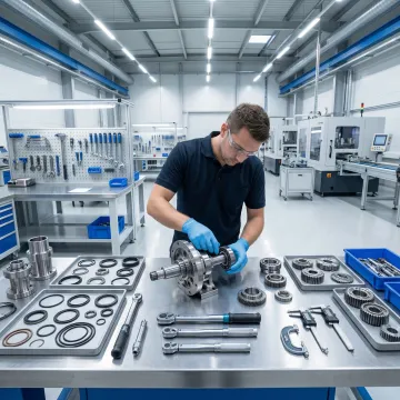 Technician repairing a hydrostatic pump unit in a professional workshop