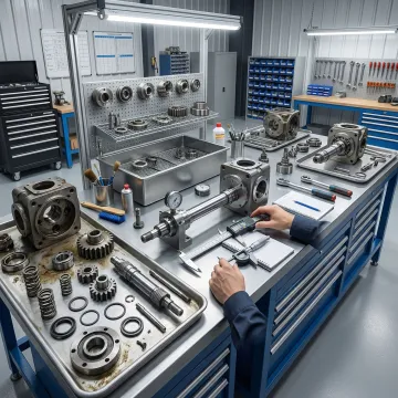 Hydrostatic pump rebuild process showing disassembly and inspection stages