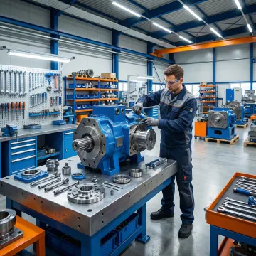 Technician rebuilding a hydraulic pump for heavy construction equipment in a professional shop