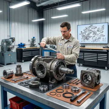 Technician rebuilding a heavy equipment hydrostatic pump in a professional service facility