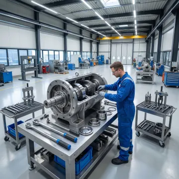 Heavy equipment hydrostatic transmission pump being rebuilt by a trained technician