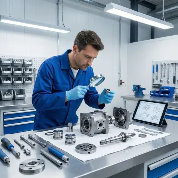 Hydraulic pump being rebuilt by a technician on a workbench in an industrial repair facility