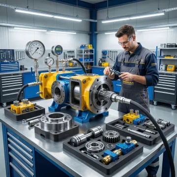 Technician repairing a hydraulic pump for industrial machinery