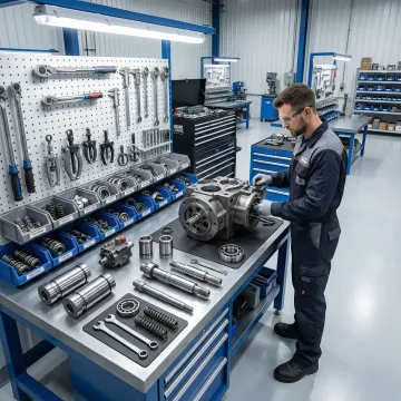 Industrial hydraulic pump being rebuilt by a trained technician in a clean workshop environment