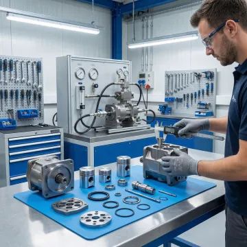 Hydrostatic pump rebuild process showing disassembly and precision testing in an industrial workshop