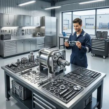 Industrial pump and motor repair technician working on hydrostatic equipment in New York