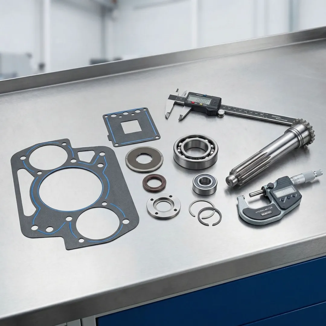 Hydraulic motor disassembled on a clean workshop bench during the reconditioning process