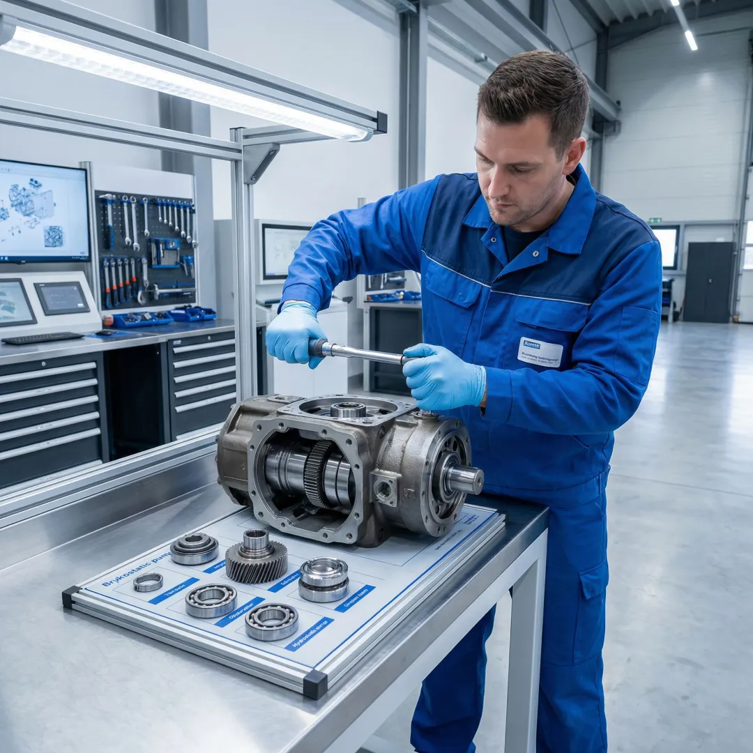 Technician reconditioning a hydrostatic motor in a professional workshop