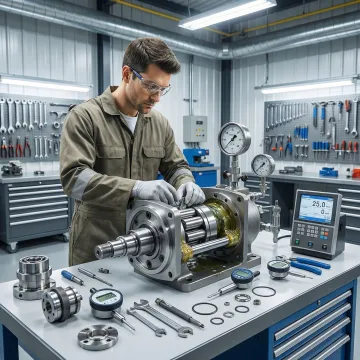 Industrial hydraulic pump and motor repair technician working in a professional workshop