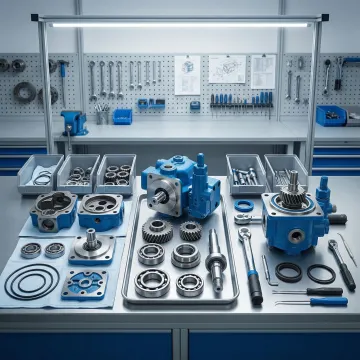 Step-by-step hydraulic pump rebuild process in a professional industrial repair facility