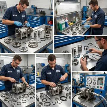 Step-by-step hydraulic pump rebuild process in an industrial service facility