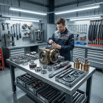 Industrial hydraulic machine repair technician rebuilding a hydrostatic pump in a workshop