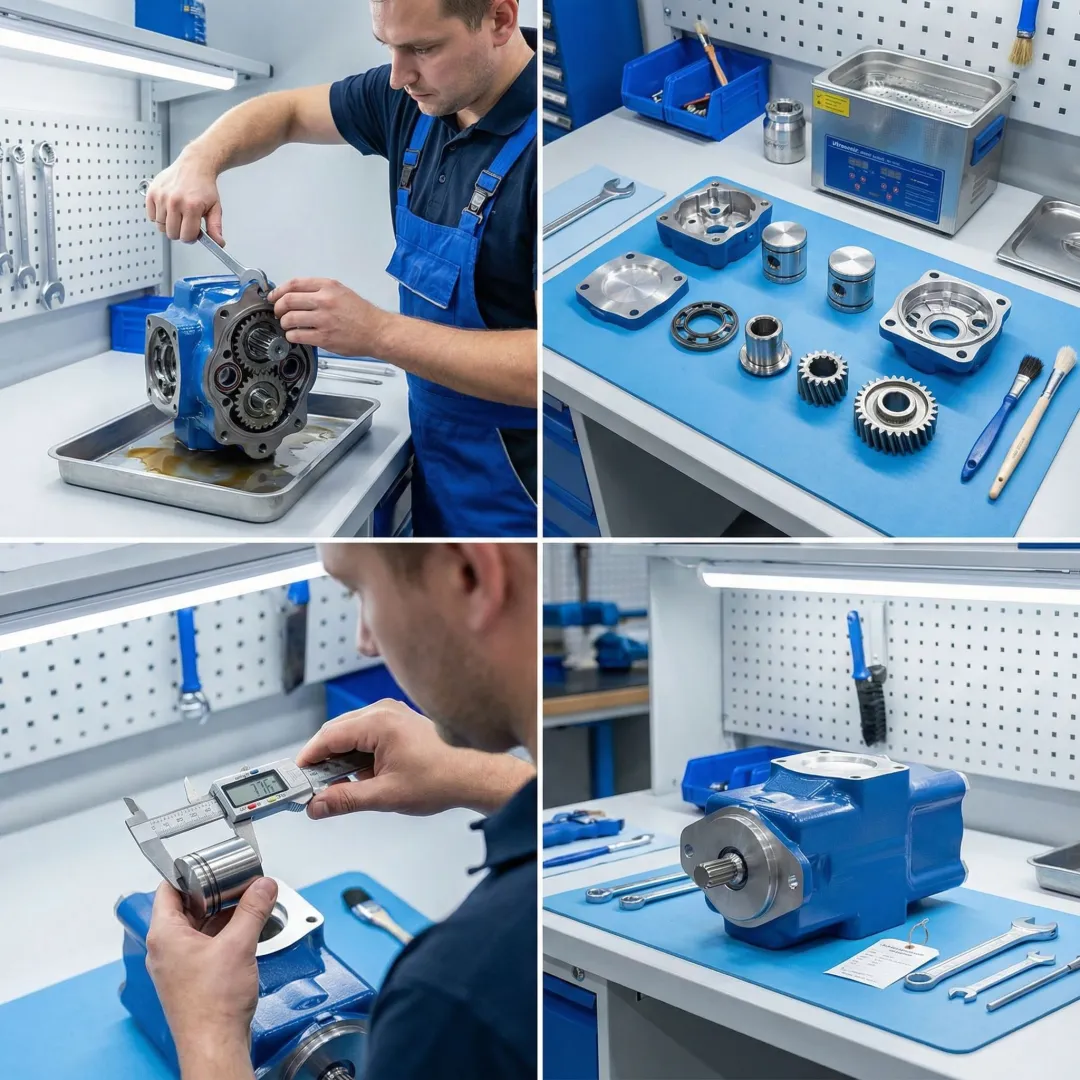 Step-by-step hydraulic pump rebuild process in a professional repair facility