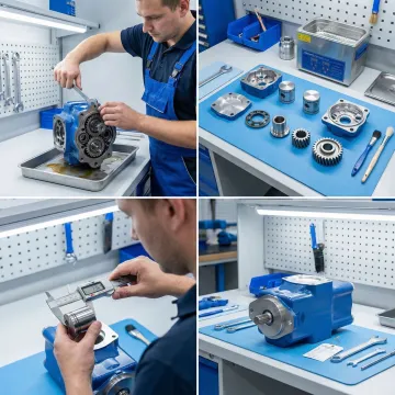 Step-by-step hydraulic pump rebuild process in a professional repair facility