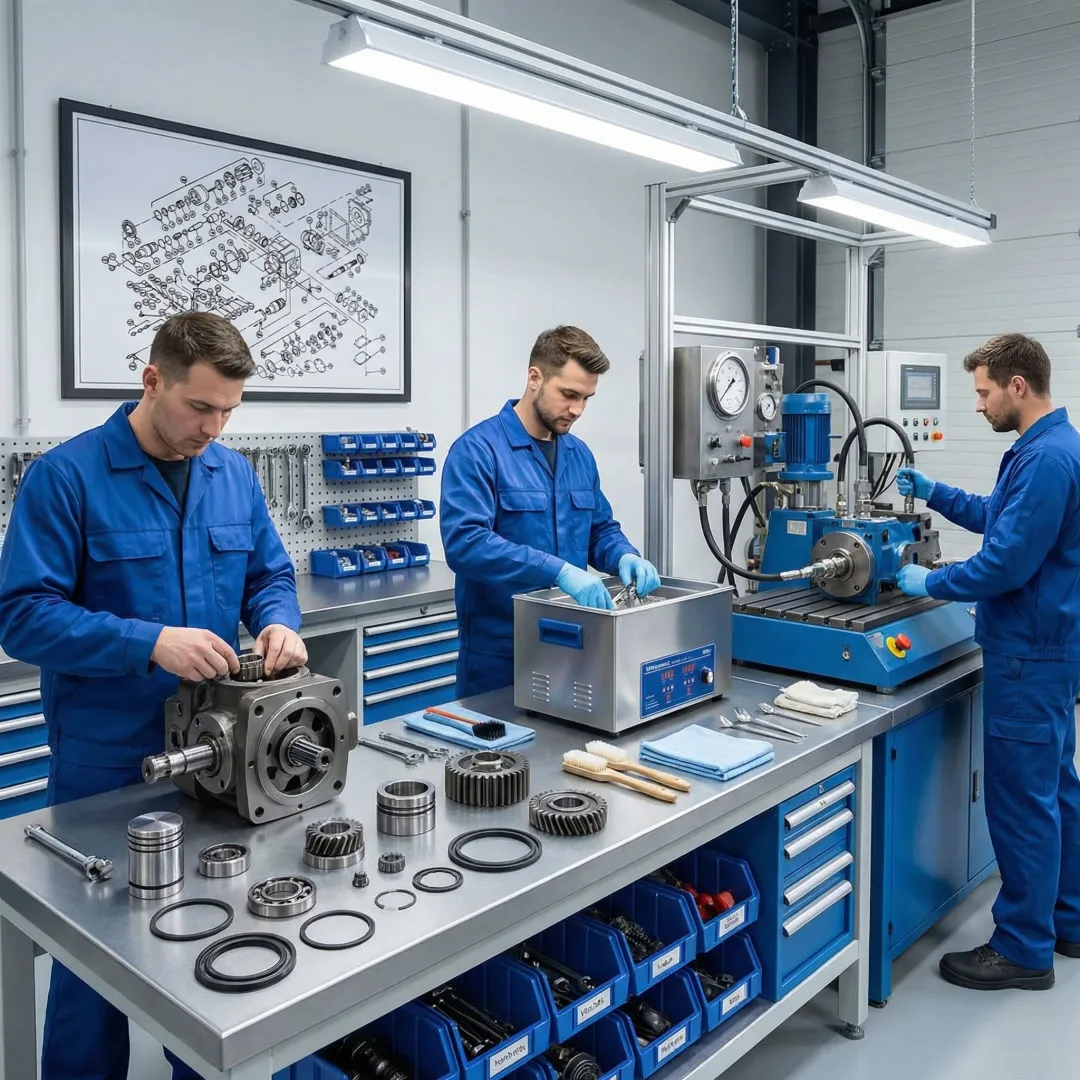 Step-by-step hydraulic pump rebuild process in a professional workshop
