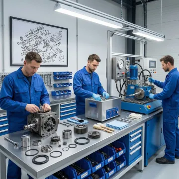Step-by-step hydraulic pump rebuild process in a professional workshop