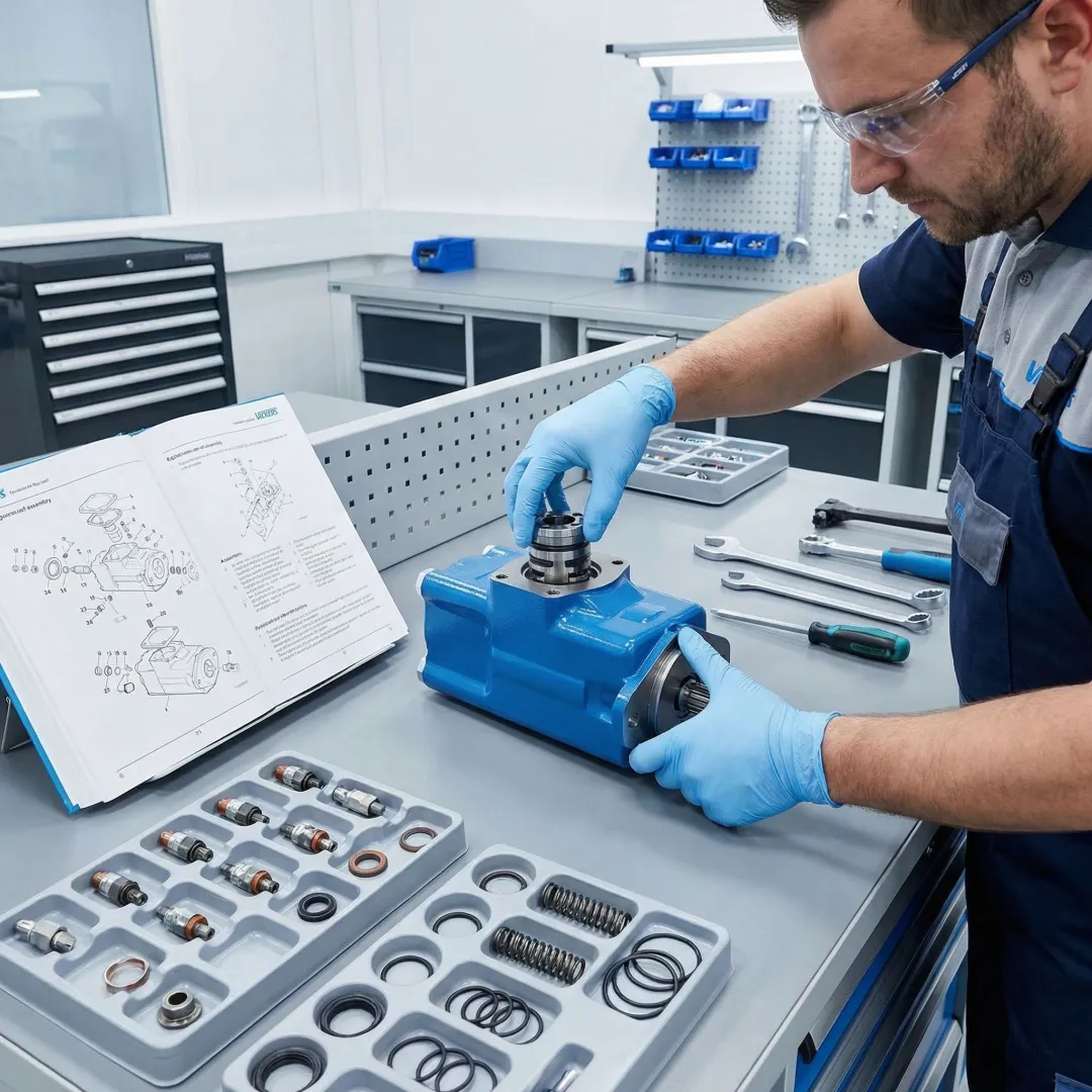 Technician rebuilding a Vickers hydraulic pump to manufacturer specifications