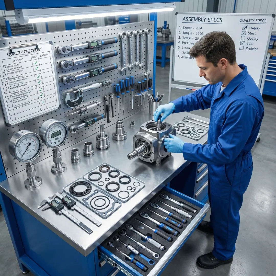 Step-by-step hydraulic pump rebuild process in a clean professional workshop