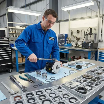 Technician rebuilding a Parker hydraulic drive pump in a workshop