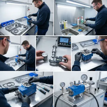 Step-by-step hydraulic pump rebuild process in a professional workshop