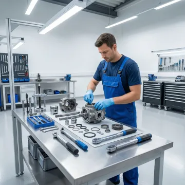Hydrostatic pump repair technician rebuilding a hydraulic pump in a professional workshop