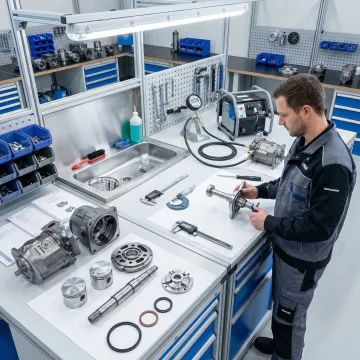 Step-by-step hydraulic motor rebuild process in a professional shop
