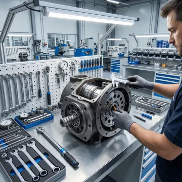 Technician repairing a hydraulic motor in a professional workshop