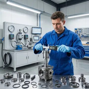 Hydraulic pump rebuild process showing disassembly and precision testing in a workshop