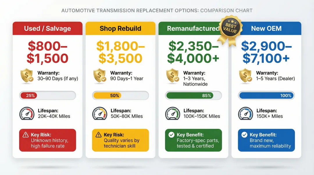 Used rebuilt remanufactured and new OEM transmission cost and lifespan comparison chart
