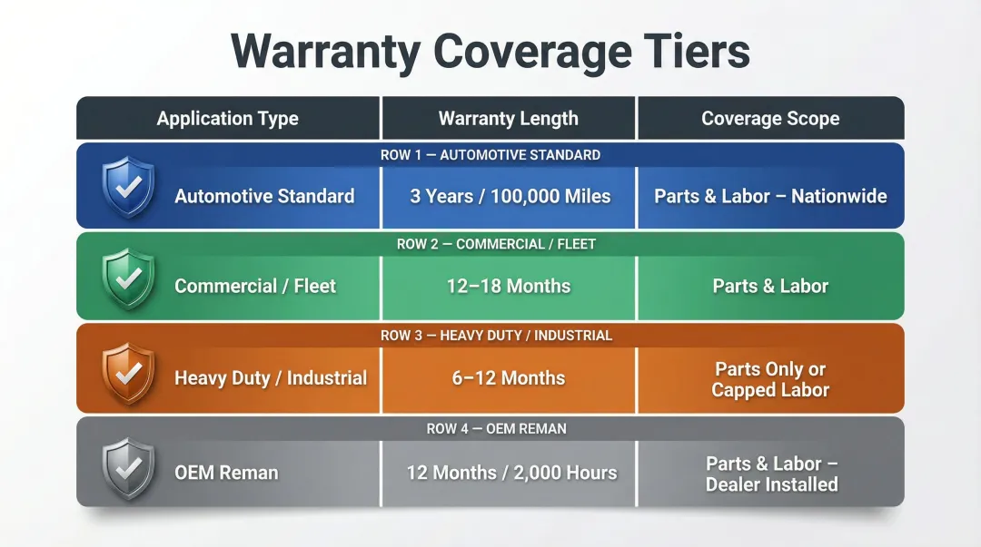 Remanufactured transmission warranty coverage tiers comparison by application type