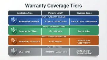 Remanufactured transmission warranty coverage tiers comparison by application type